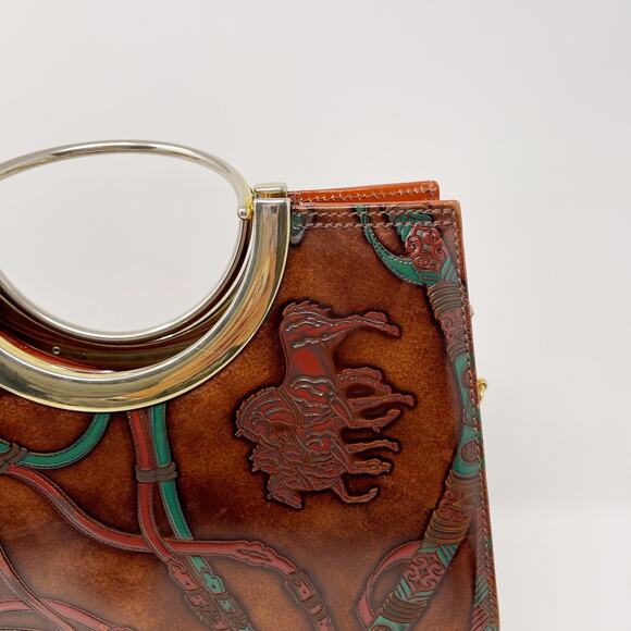 Talja Genuine Leather Handcrafted Italian Embossed Horse Pattern Bag Tan Brown - Picture 2 of 14